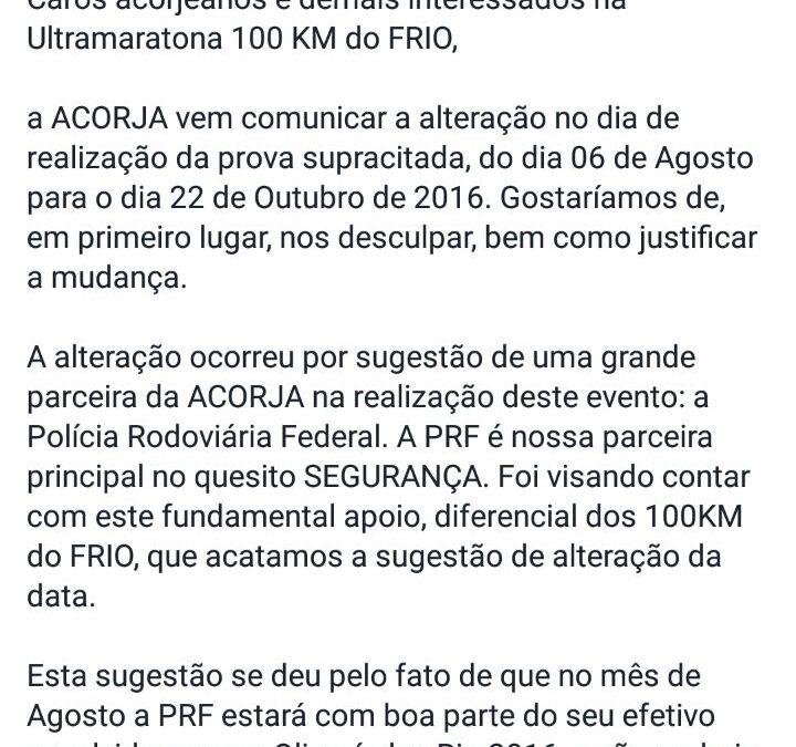 ULTRAMARATONA 100 KM DO FRIO TEM DATA ALTERADA